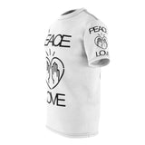 Peace Love design on White Unisex AOP Cut & Sew Tee