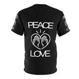 Peace Love design on Black Unisex AOP Cut & Sew Tee