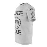 Peace Love design on Grey Unisex AOP Cut & Sew Tee