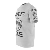 Peace Love design on Grey Unisex AOP Cut & Sew Tee