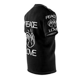 Peace Love design on Black Unisex AOP Cut & Sew Tee