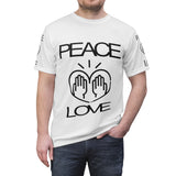 Peace Love design on White Unisex AOP Cut & Sew Tee