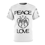 Peace Love design on White Unisex AOP Cut & Sew Tee
