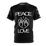 Peace Love design on Black Unisex AOP Cut & Sew Tee