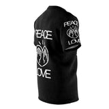 Peace Love design on Black Unisex AOP Cut & Sew Tee