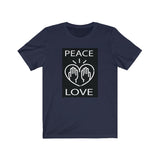 Peace Love design on Unisex Jersey Short Sleeve Tee