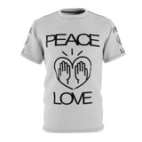 Peace Love design on Grey Unisex AOP Cut & Sew Tee