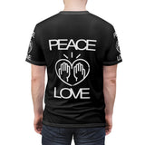 Peace Love design on Black Unisex AOP Cut & Sew Tee