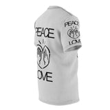 Peace Love design on Grey Unisex AOP Cut & Sew Tee