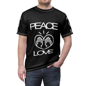 Peace Love design on Black Unisex AOP Cut & Sew Tee