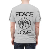 Peace Love design on Grey Unisex AOP Cut & Sew Tee