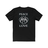 Peace Love design on Unisex Jersey Short Sleeve Tee