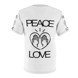 Peace Love design on White Unisex AOP Cut & Sew Tee