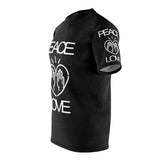 Peace Love design on Black Unisex AOP Cut & Sew Tee