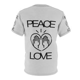 Peace Love design on Grey Unisex AOP Cut & Sew Tee