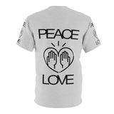 Peace Love design on Grey Unisex AOP Cut & Sew Tee