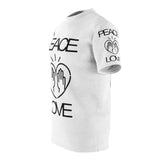 Peace Love design on White Unisex AOP Cut & Sew Tee