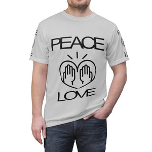 Peace Love design on Grey Unisex AOP Cut & Sew Tee