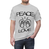 Peace Love design on Grey Unisex AOP Cut & Sew Tee