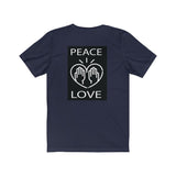 Peace Love design on Unisex Jersey Short Sleeve Tee