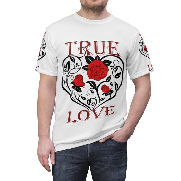 True Love design on Unisex AOP Cut & Sew Tee