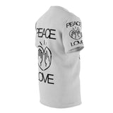 Peace Love design on Grey Unisex AOP Cut & Sew Tee